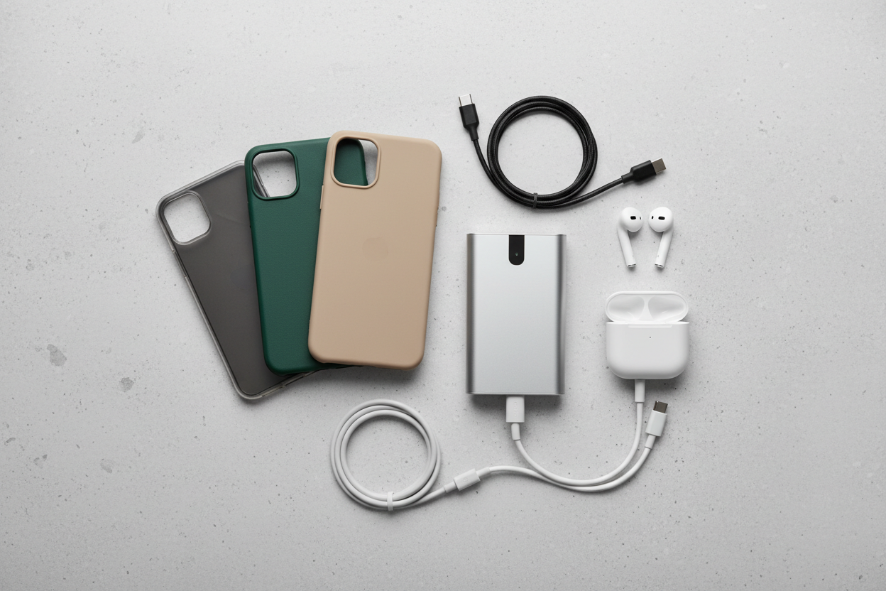 Assorted smartphone cases with USB-C charging cable, power adapter, AirPods, and charging case.