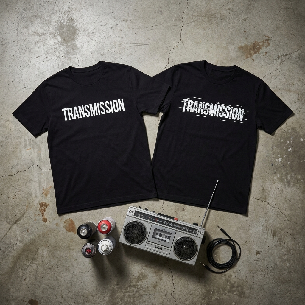 Transmission collection - black t-shirts flatlay on concrete background