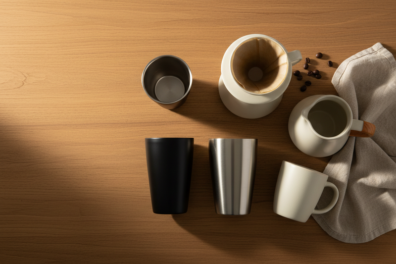 Home & Drinkware: assorted mugs and insulated tumblers on a wooden table.