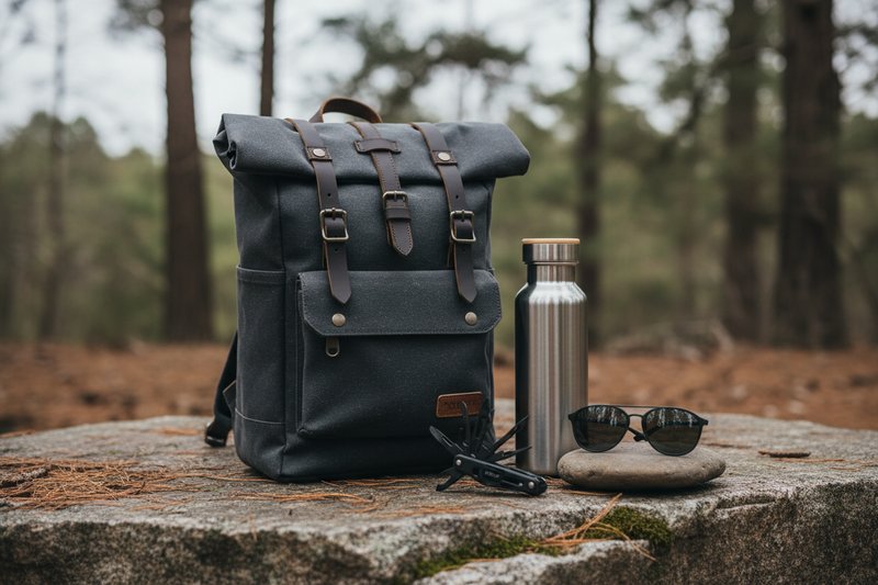 Stateside Nova outdoor gear setup: dark backpack with leather straps, water bottle, sunglasses, and multitool.