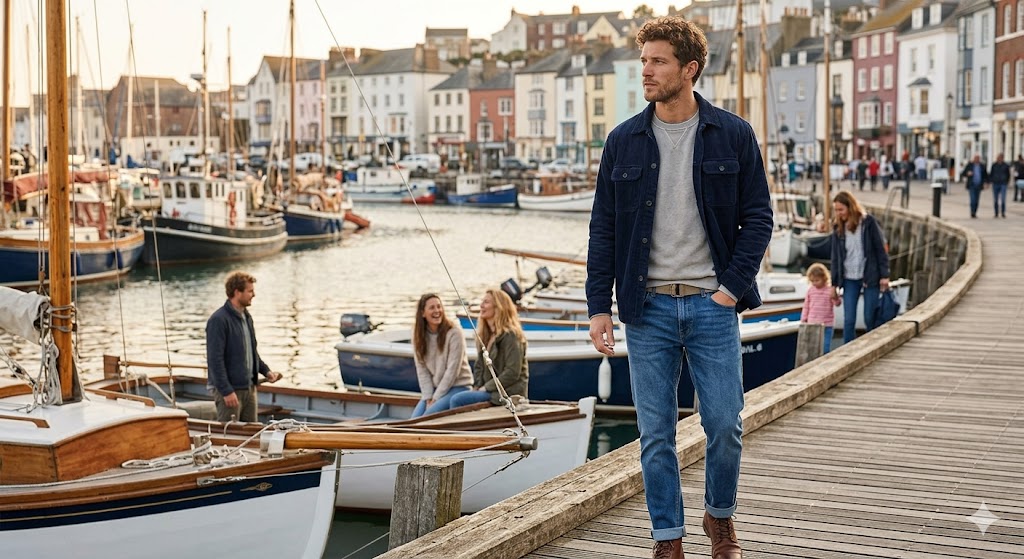 Apparel for Men: man in navy jacket, grey sweater and jeans strolling along a harbor boardwalk with boats.