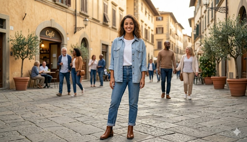 Apparel for Women: casual denim jacket, white tee, and jeans on a sunlit cobblestone street.