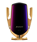 Car wireless charger holder with gold finish, purple charging panel, auto-clamp and suction mount