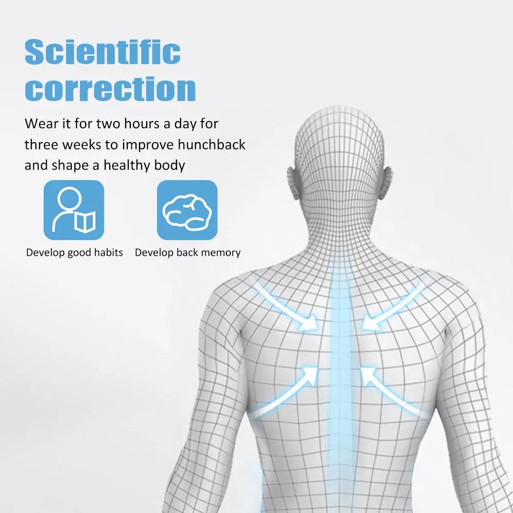 Smart posture corrector belt for standing and sitting posture, illustrated with blue spine arrows.