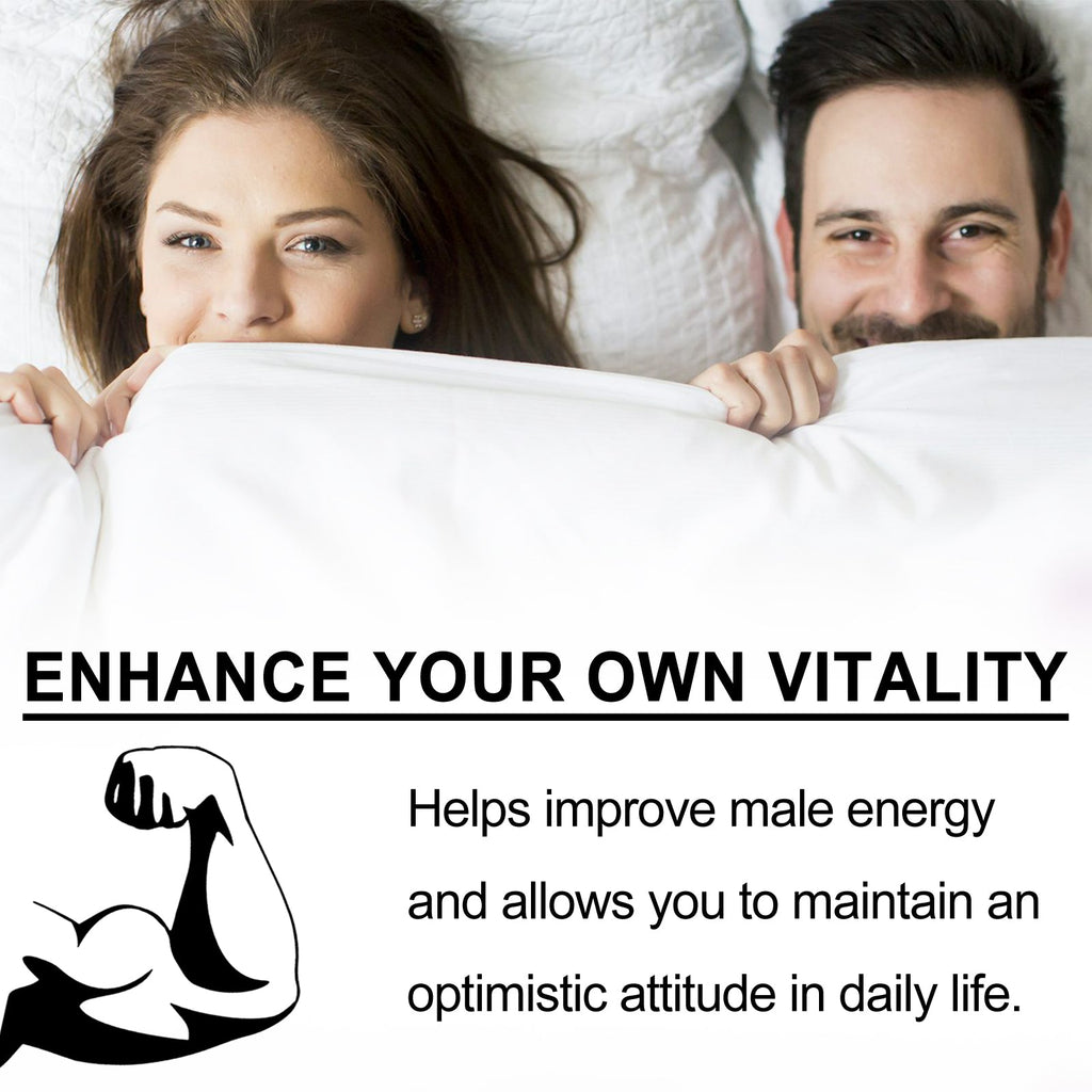 Men's Supplement Drops by VIP Digital Presence, herbal supplement; couple in bed with Enhance Your Own Vitality text