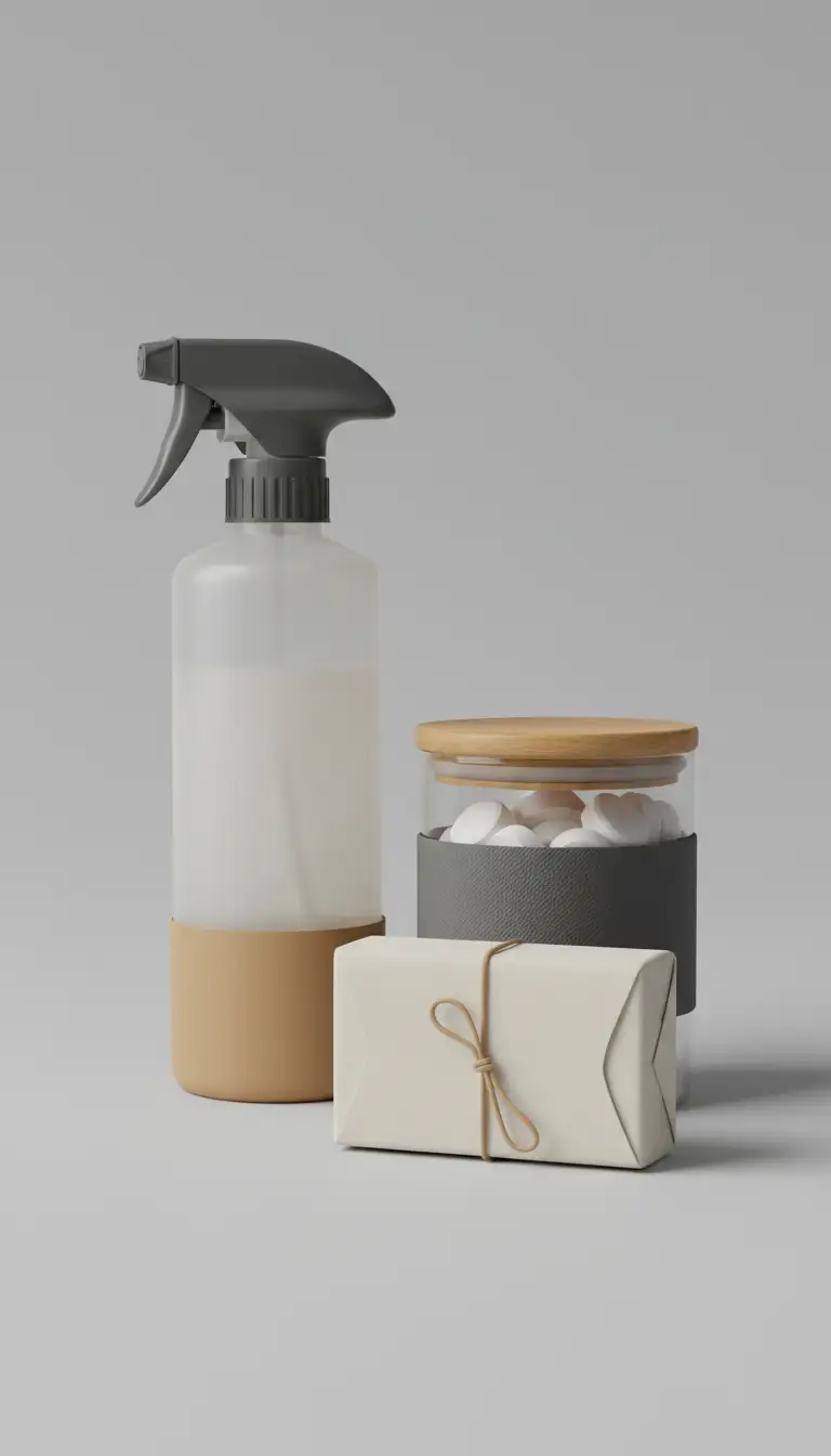 STATESIDE NOVA spray bottle with gray trigger; jar with wooden lid and pills; wrapped gift box