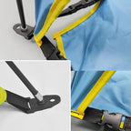 Quick-open beach tent sun shelter, blue with yellow trim, 3-vented, spacious pop-up design