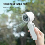 White handheld turbo fan, foldable and USB-C rechargeable.