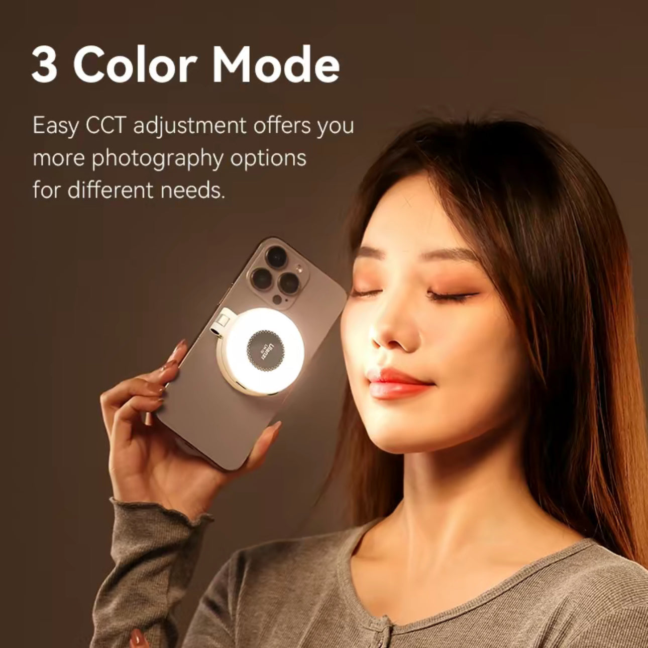 GlowSnap Ring Light by VIP Digital Presence; white LED ring attached to smartphone for 3 color modes.