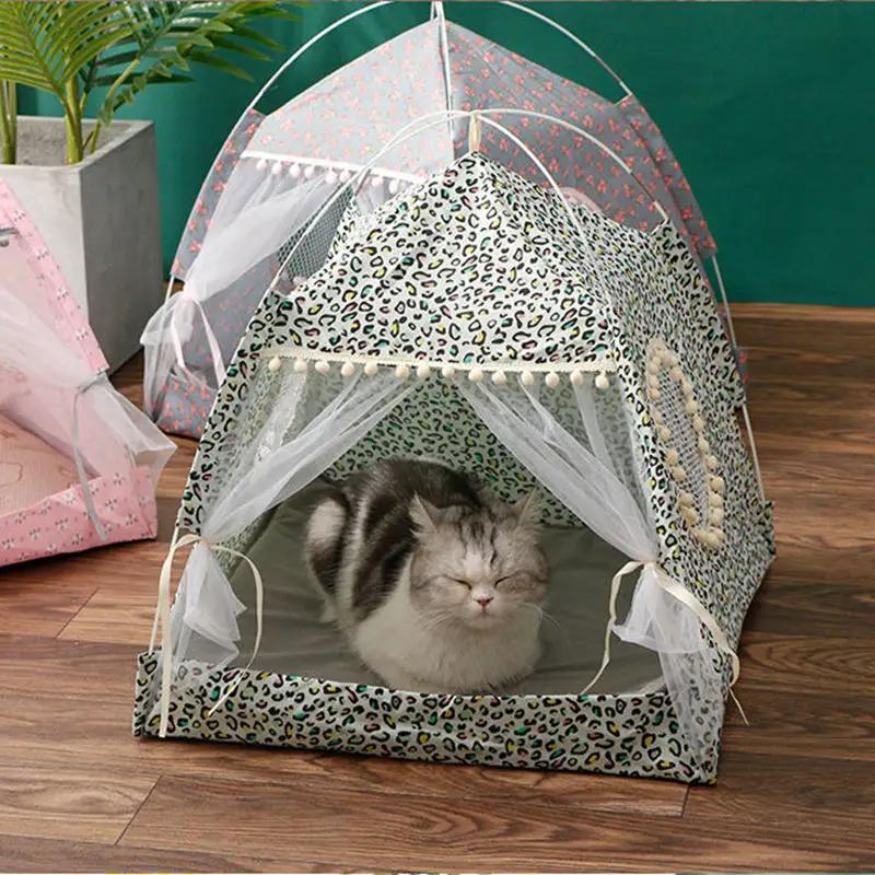 Comfy Calming Pet Tent Bed by Furr Baby Gifts - leopard print cat bed with sheer curtains for small dogs and cats.
