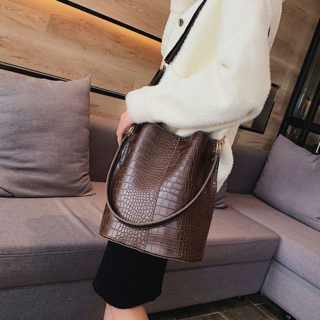 Blake Chocolate Croc Vegan Leather Shoulder Bag With Interchangeable Straps by STATESIDE NOVA