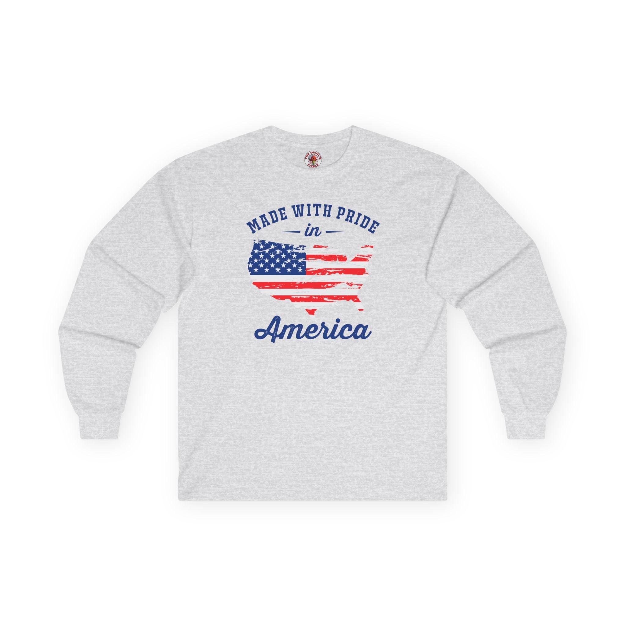 Made With Pride In America Long Sleeve Tee Unisex Patriotic US Flag Inspired Graphic Shirt For Men Women by The Devil's Pickle