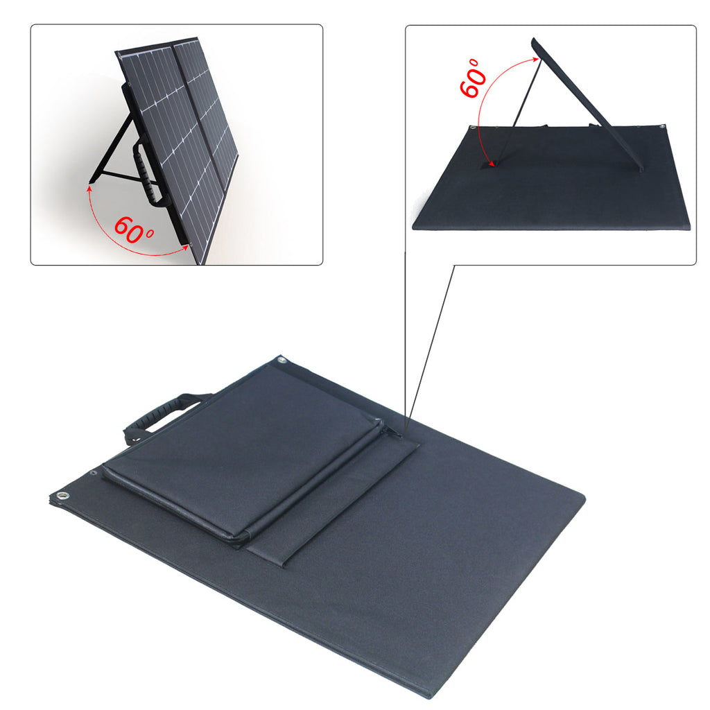 ACOPOWER 100W foldable solar panel set up at a campsite.