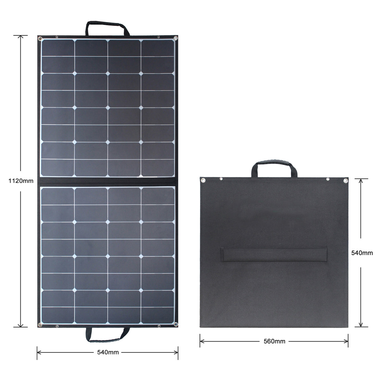 ACOPOWER 100W foldable solar panel dimensions diagram.
