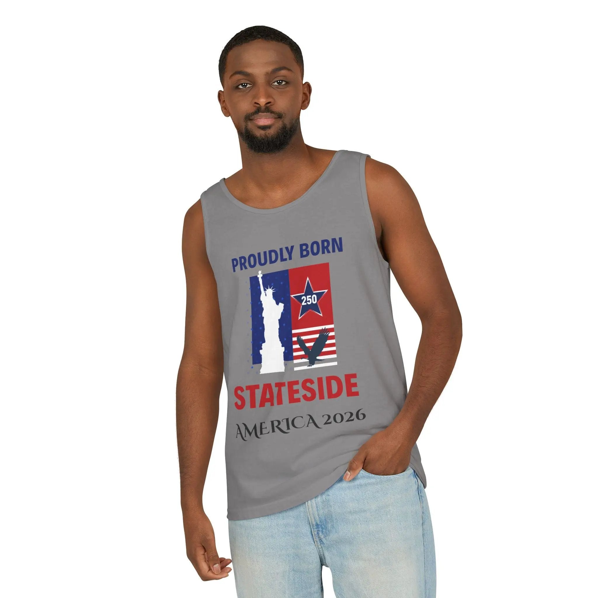 Stateside Pride Tank Top in gray with patriotic USA graphic and bold red STATESIDE text.
