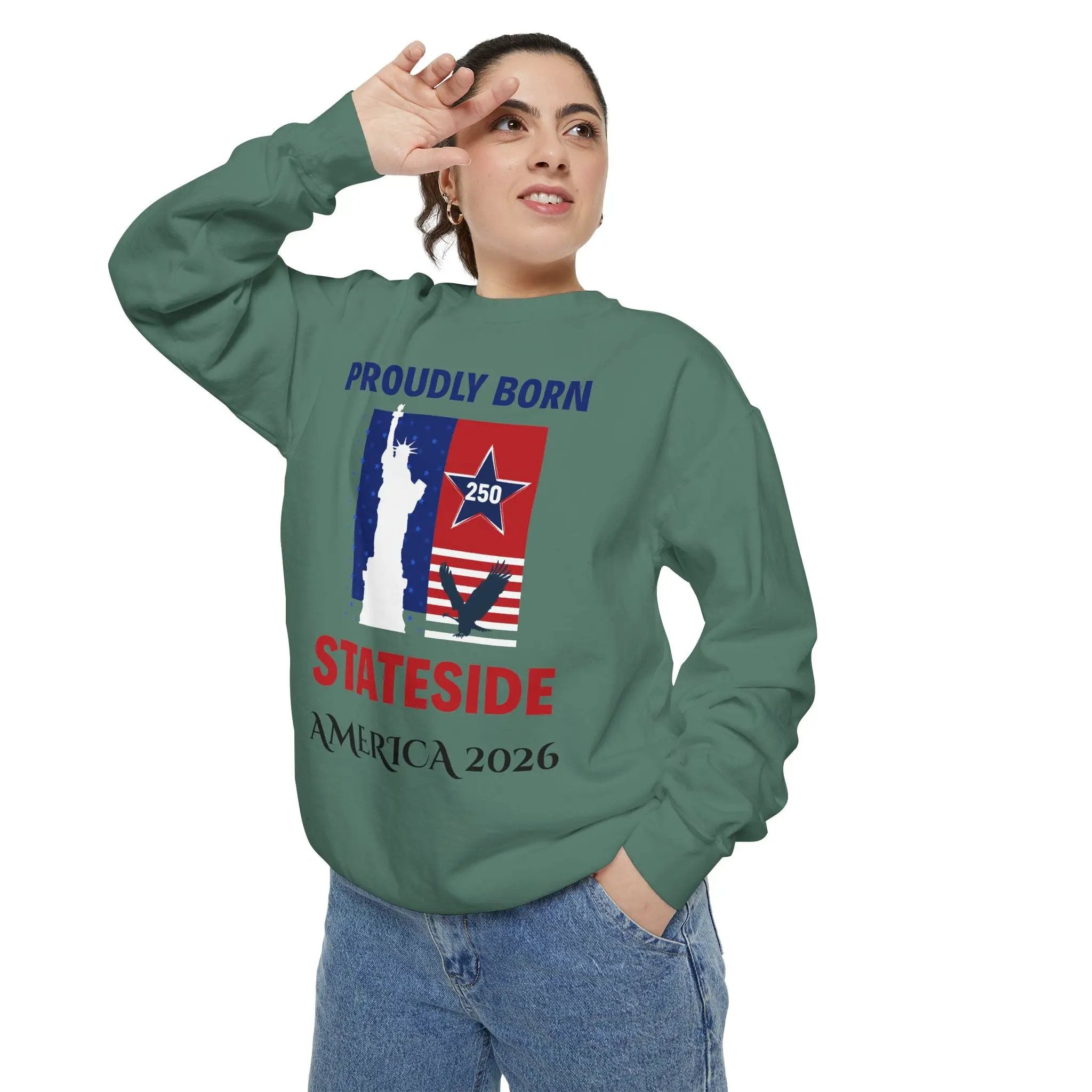 Sweatshirt by Printify, green crewneck with patriotic graphic featuring Statue of Liberty and flag elements