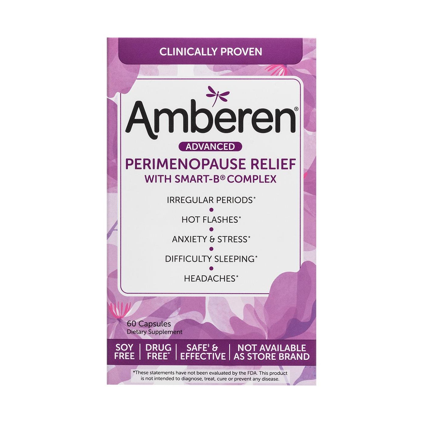 Amberen Advanced Perimenopause Relief box, 60 capsules, by Pasteur Pharmacy; purple floral packaging.