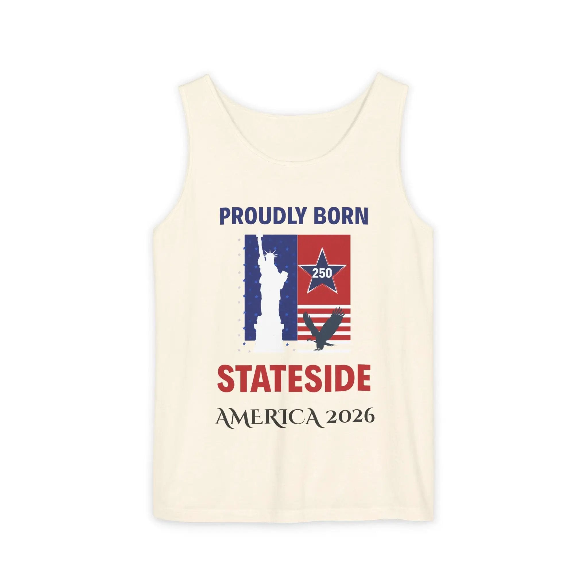 Stateside Pride Tank Top by Printify, cream color with patriotic USA 2026 graphic and flag motif.