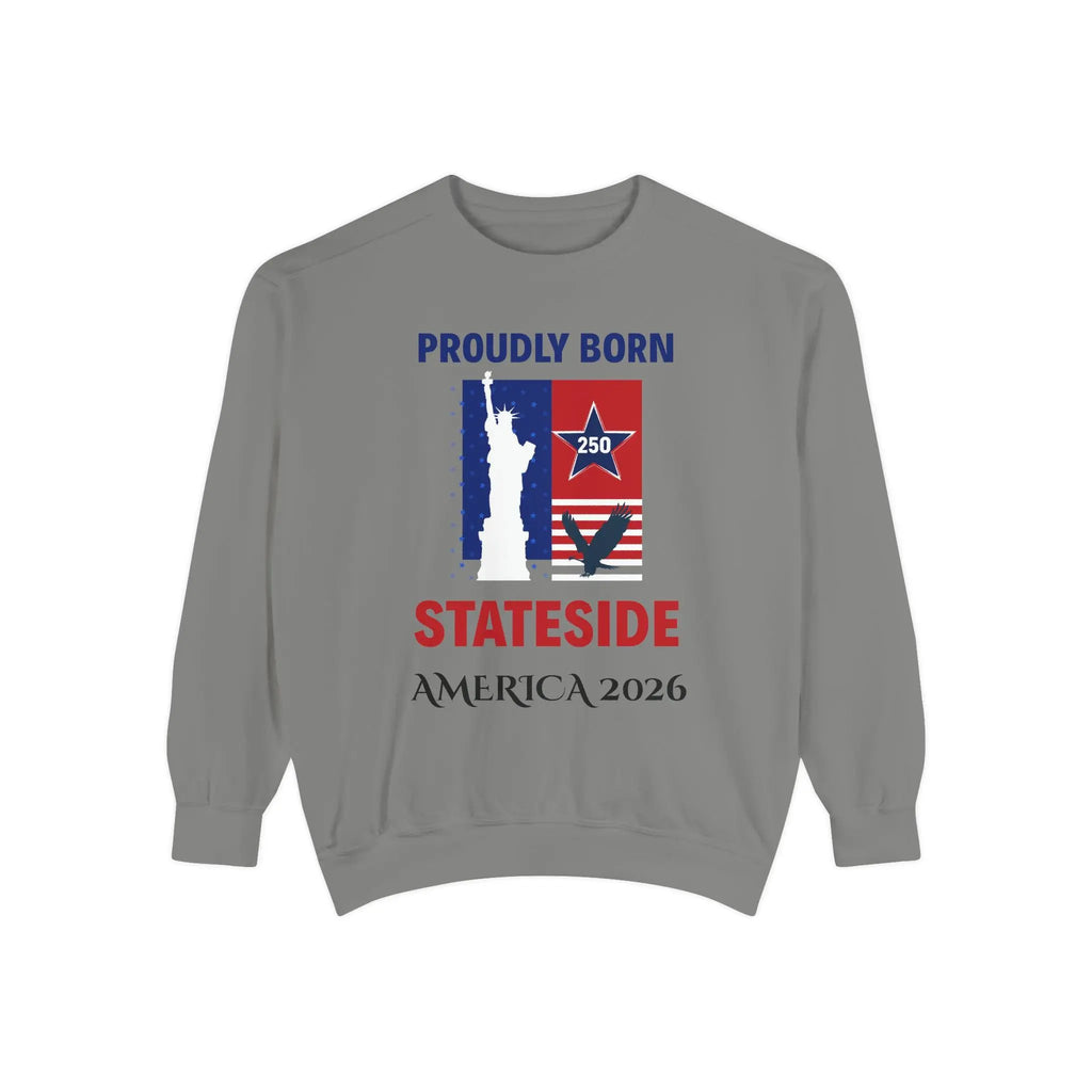 Sweatshirt gray crewneck with patriotic Printify graphic featuring Statue of Liberty and red-blue American flag motif.