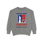 Sweatshirt gray crewneck with patriotic Printify graphic featuring Statue of Liberty and red-blue American flag motif.
