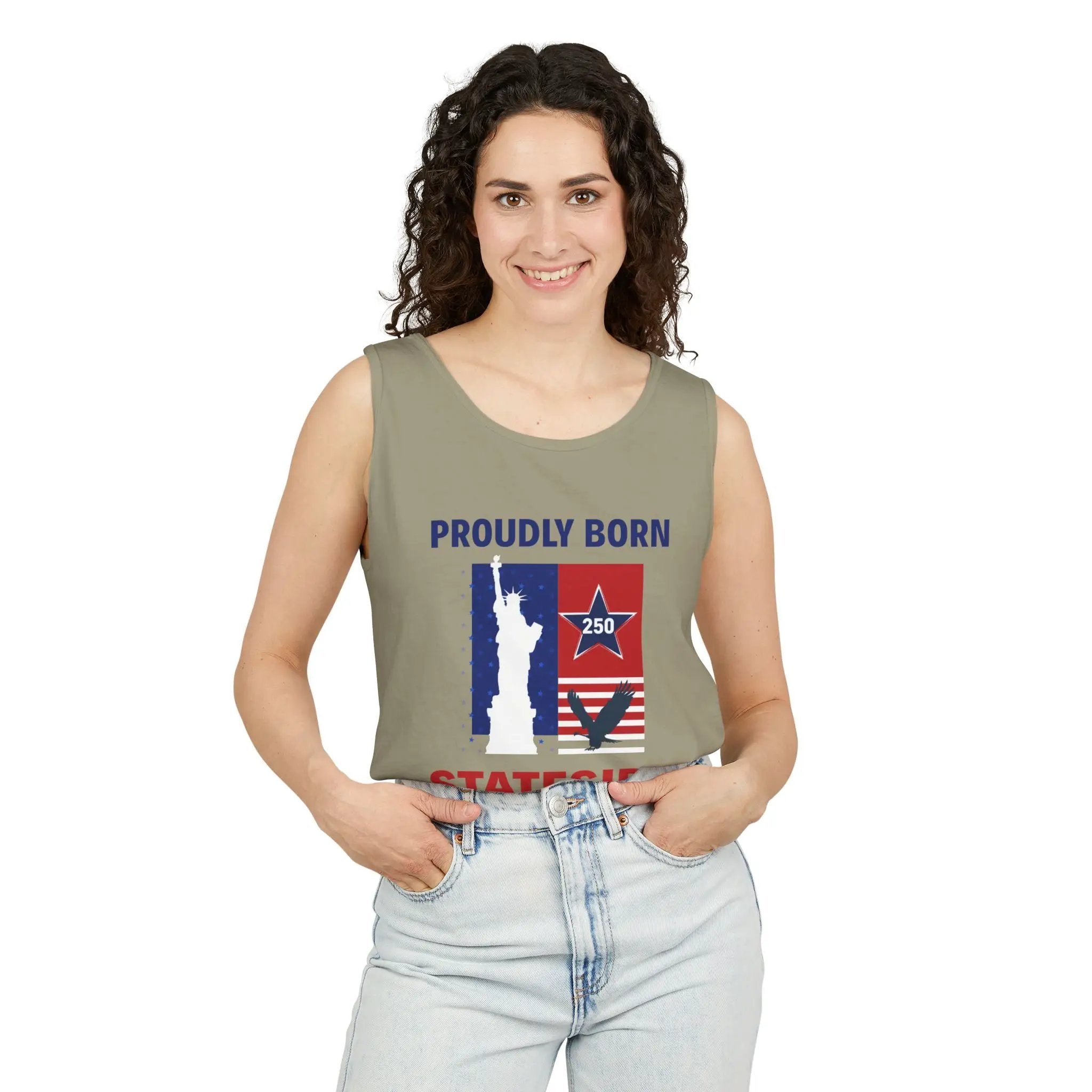 Tank top Stateside Pride Tank Top by Printify in olive green with patriotic USA graphic and Proudly Born Stateside text