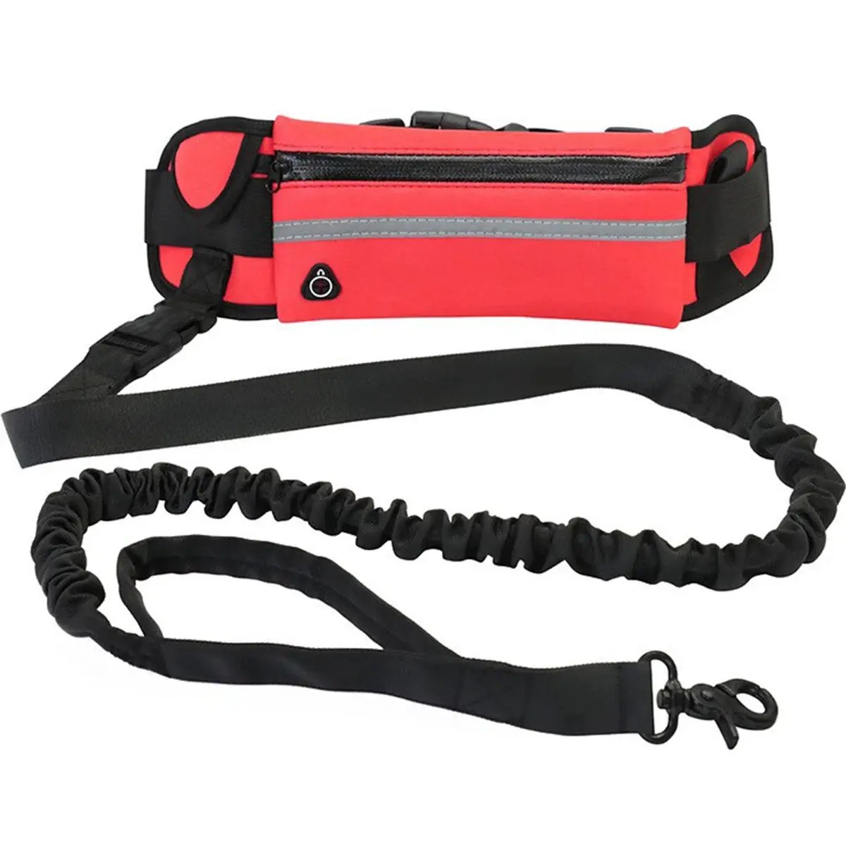 Hands Free Dog Leash by ViralGalleria.com, red waist belt with black elastic coil and reflective stripe