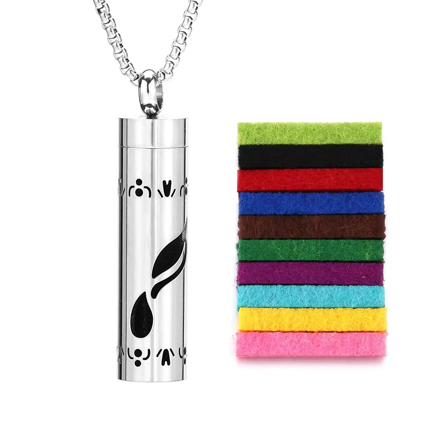 Scent Necklace by ViralGalleria.com; silver cylindrical pendant with etched motif and multicolor felt inserts