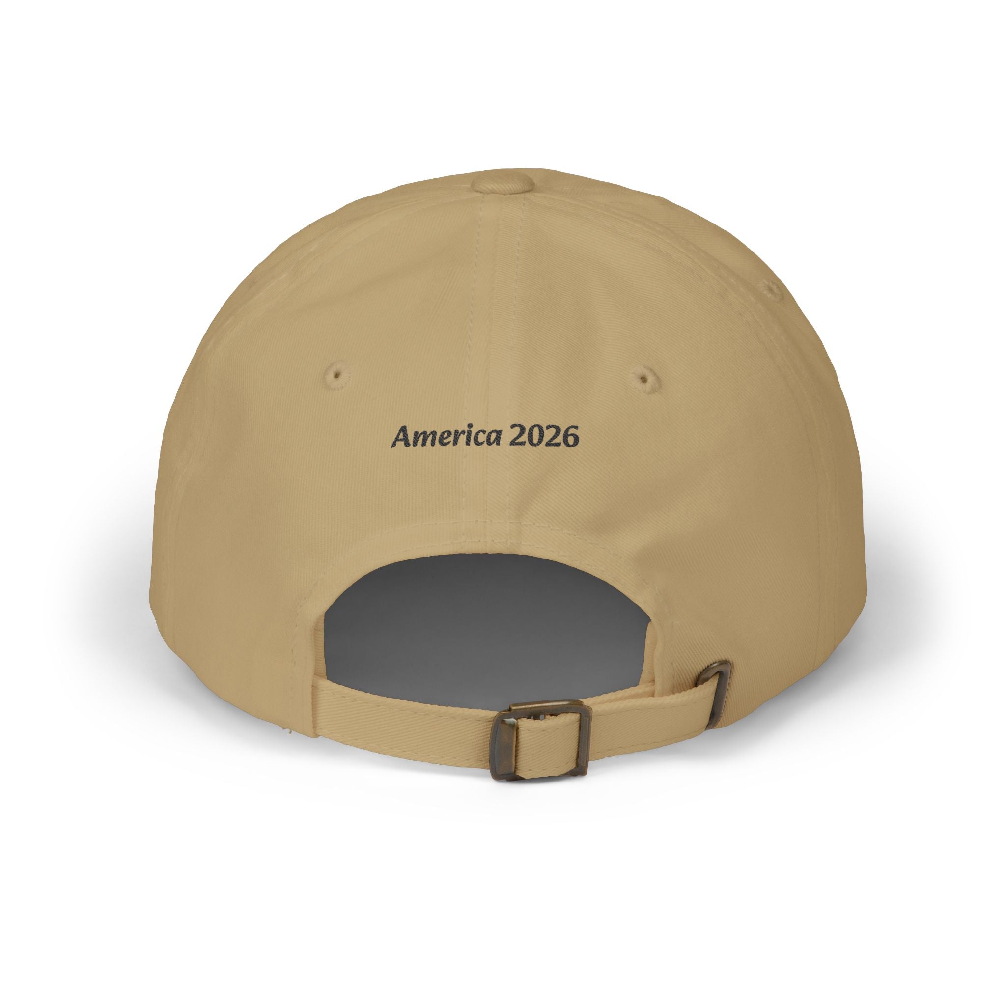 Beige dad cap by Printify, Stateside Pride hat with back strap, America 2026 embroidered on rear.