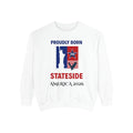 Sweatshirt with patriotic graphic: Proudly Born Stateside, American flag and star emblem, America 2026.