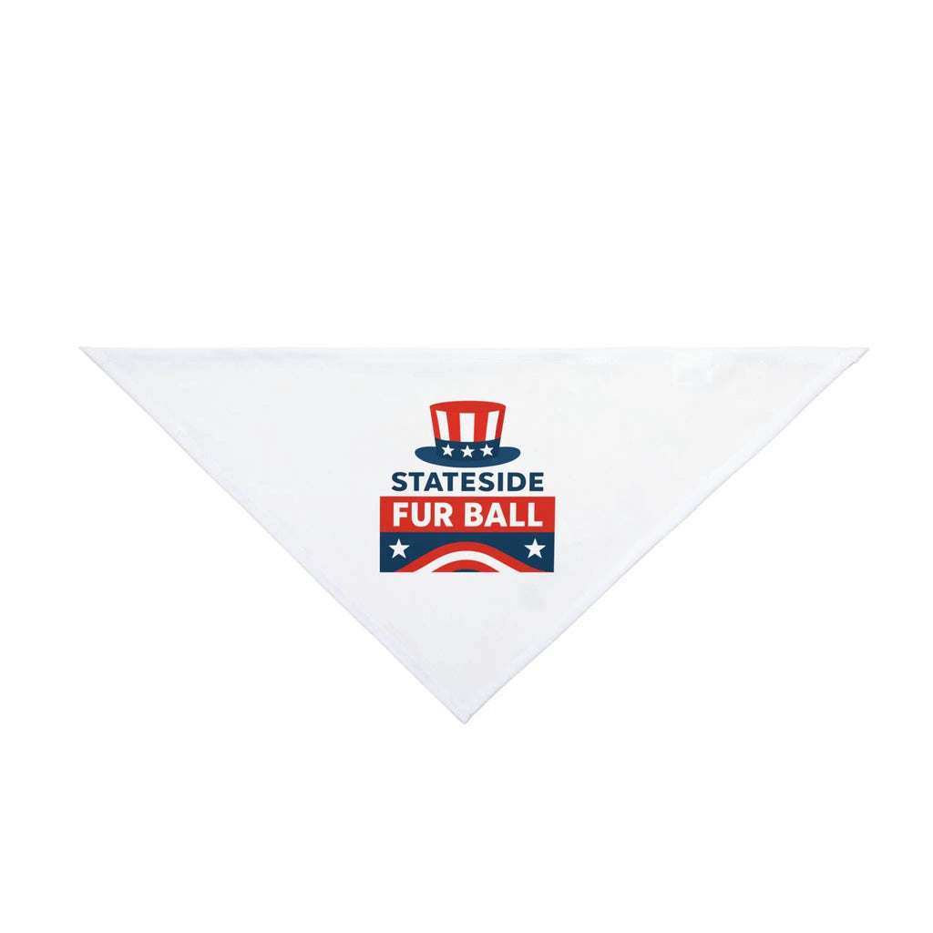 Pet bandana Stateside Fur Ball by Printify, white fabric with red, white & blue patriotic design.