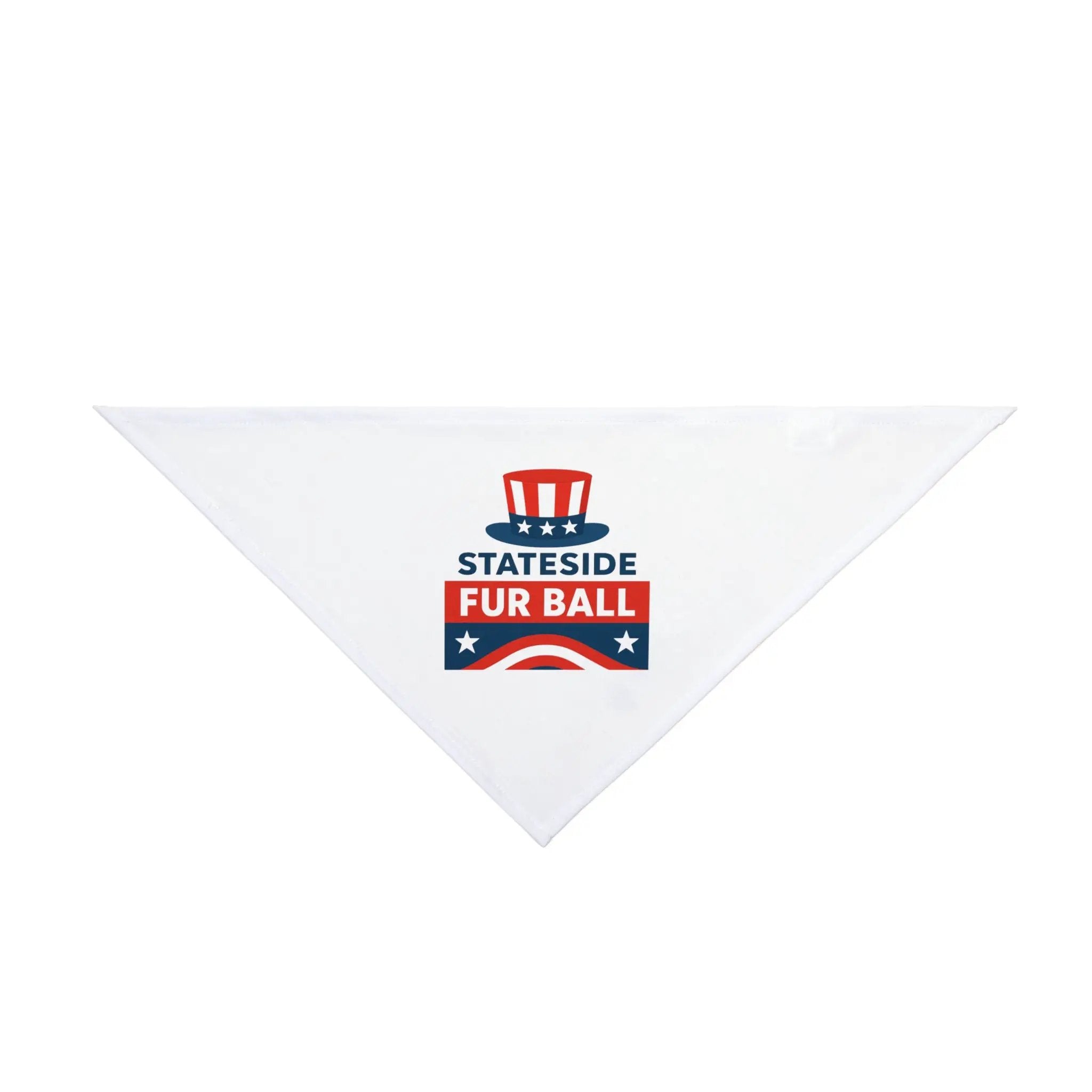 Pet bandana Stateside Fur Ball by Printify, white fabric with red, white & blue patriotic design.