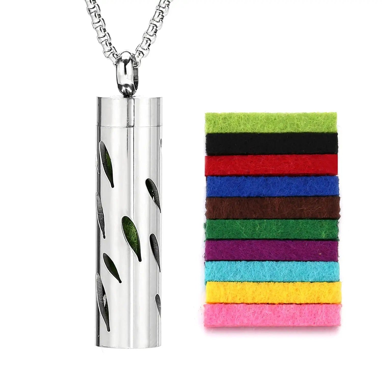 Scent Necklace by ViralGalleria.com; silver cylindrical pendant on chain beside a stack of multicolor felt pads