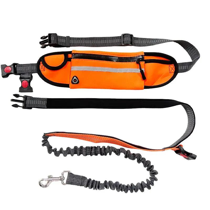 Hands Free Dog Leash by ViralGalleria.com; orange waist pack with reflective strip, gray strap and coiled bungee cord.