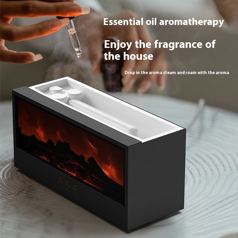 Simulated 3D Fireplace Flame Aroma Diffuser, black rectangular unit with white top reservoir