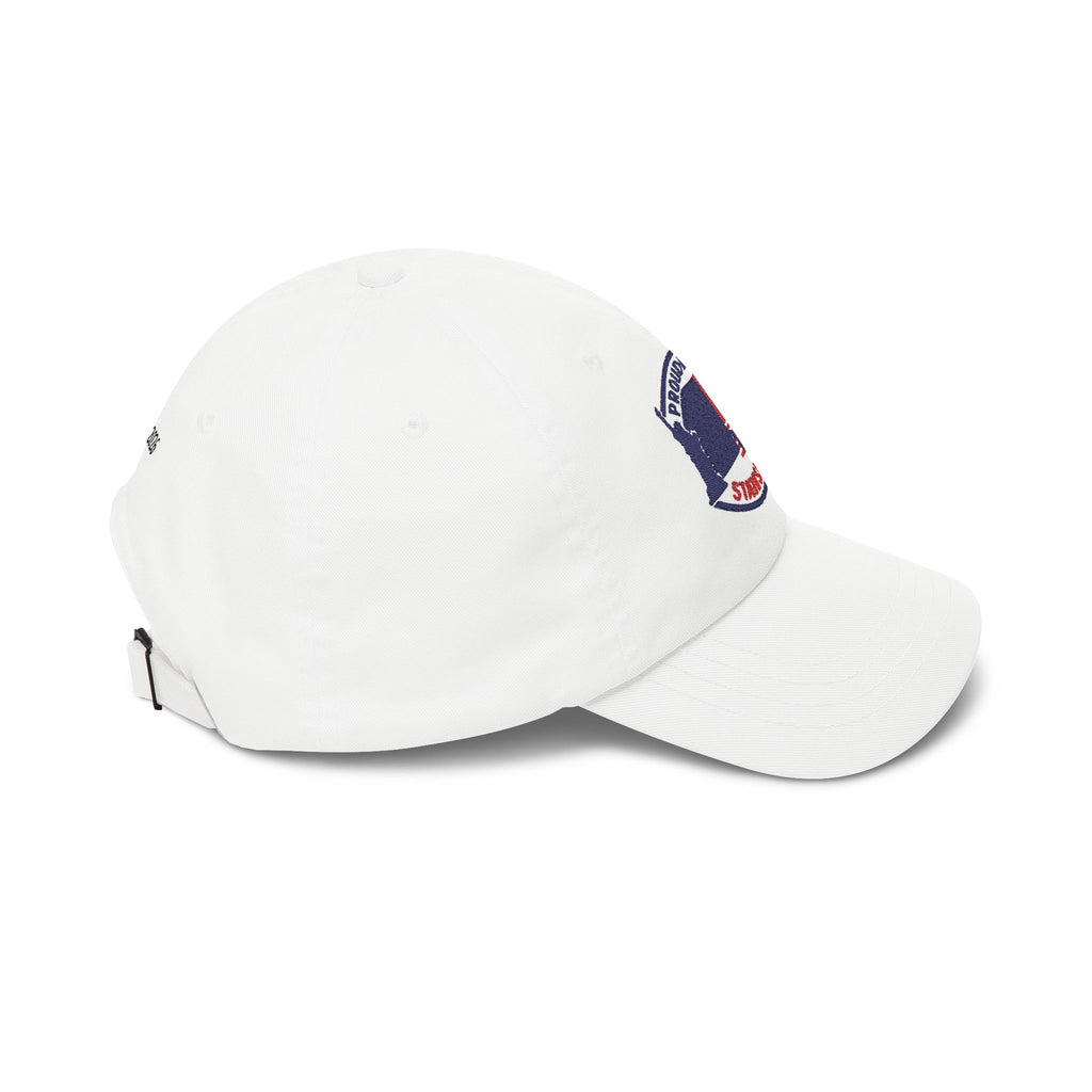 Proudly Born Stateside Dad Cap, white hat with embroidered USA patch in blue and red