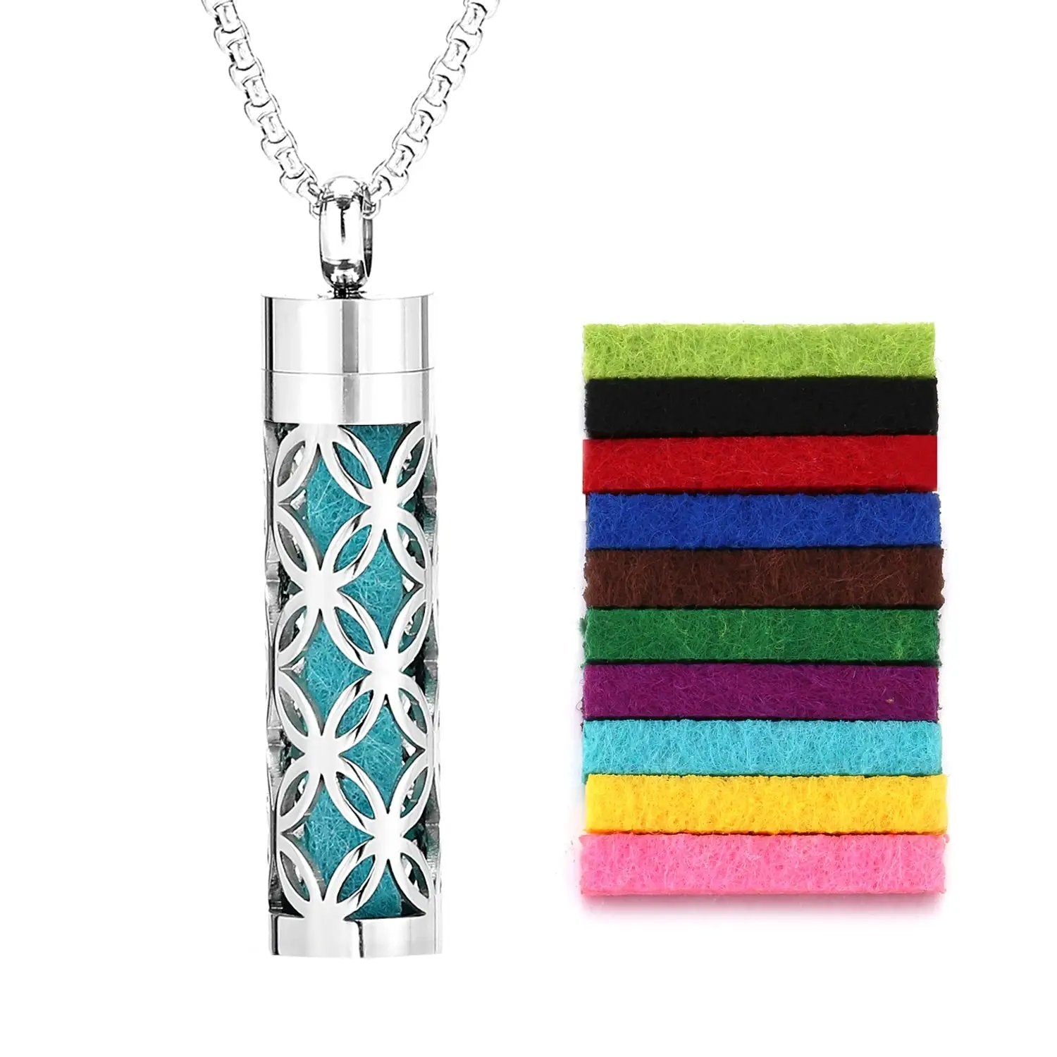 Scent Necklace by ViralGalleria.com; silver pendant with turquoise core and white lattice, plus 10 colorful felt strips.