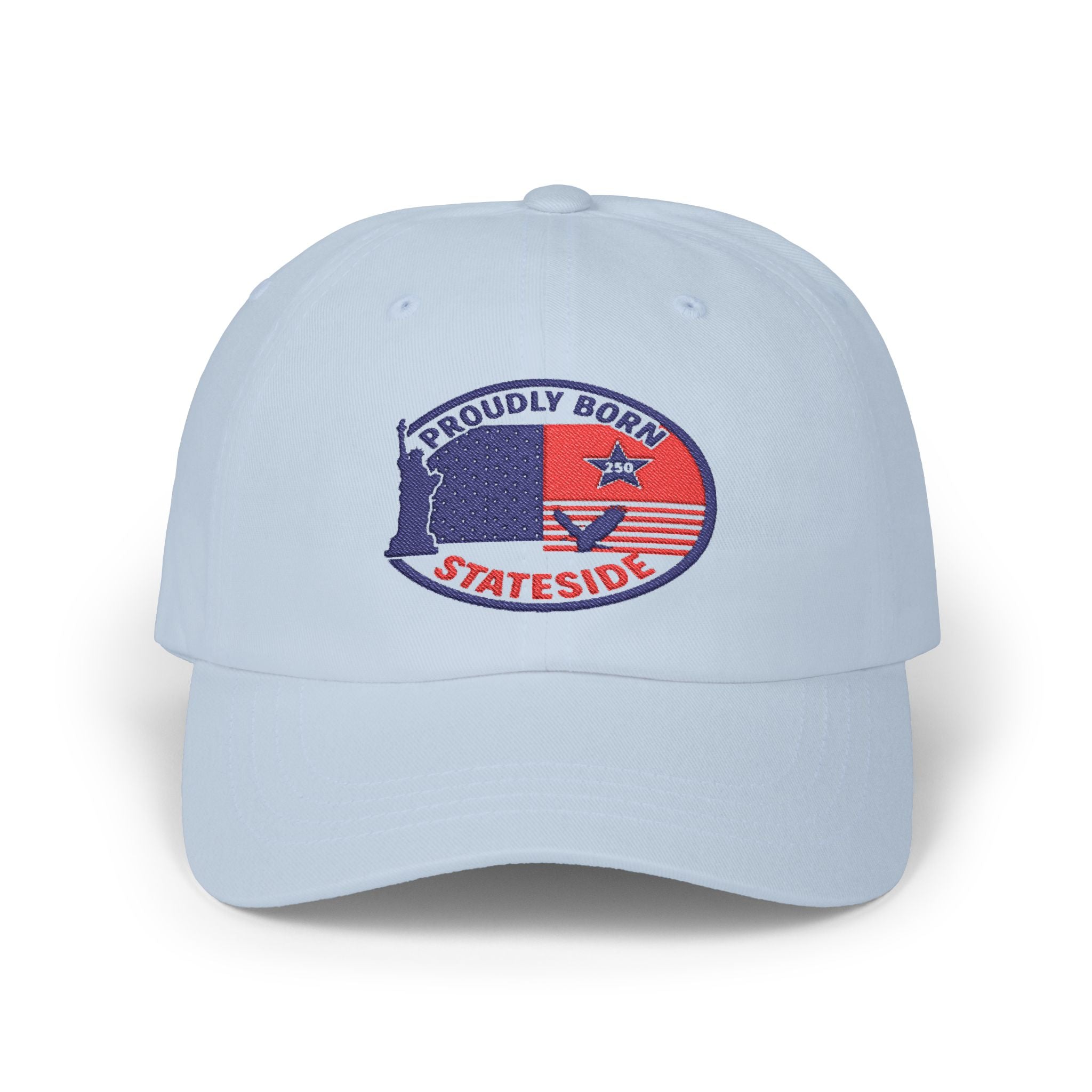 Proudly Born Stateside Dad Cap by Printify, light blue hat with embroidered USA patch