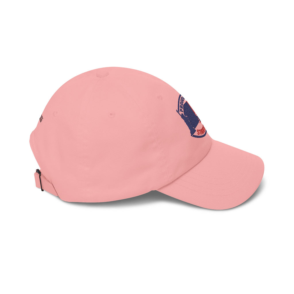 Pink dad cap with embroidered USA patch on the back.