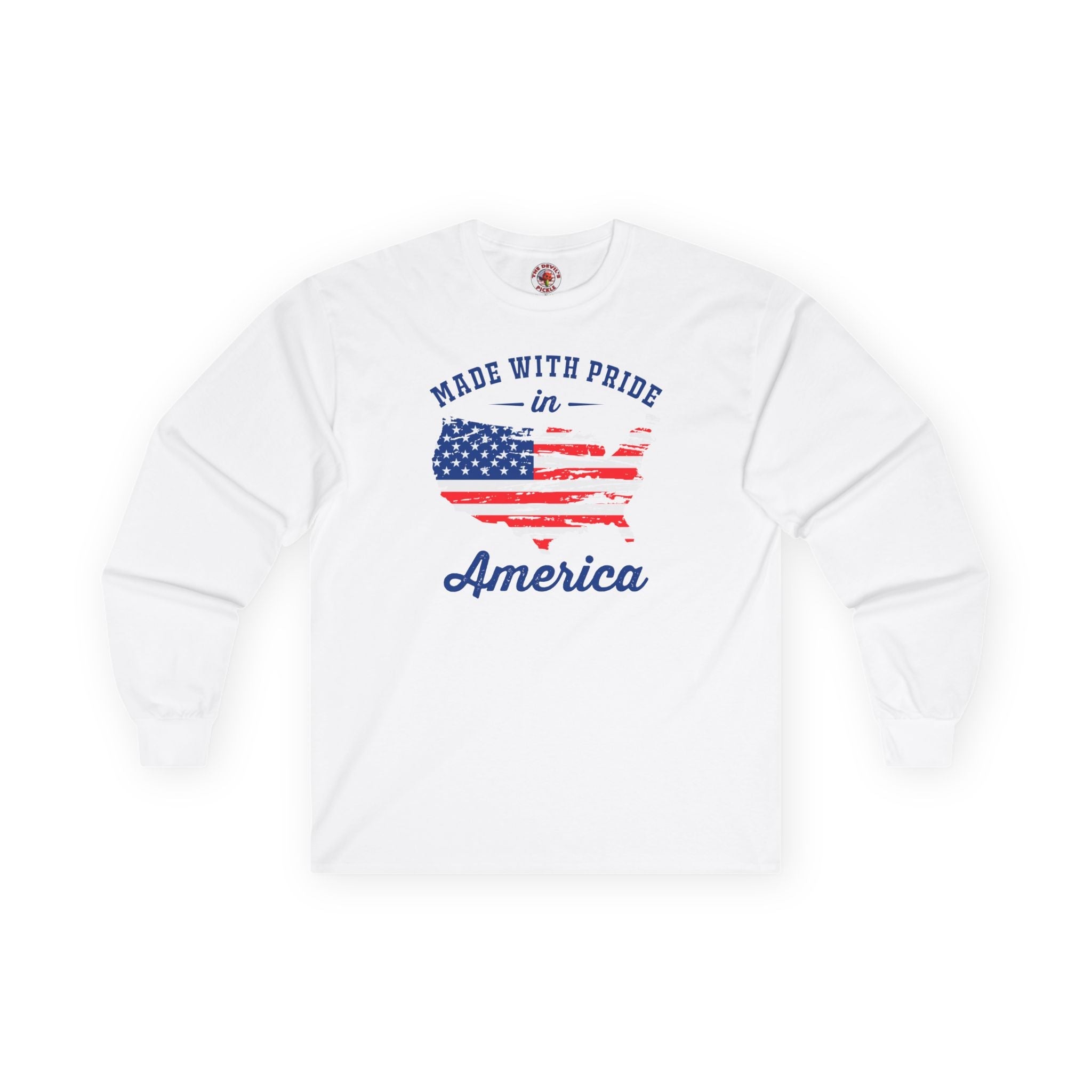 Made With Pride In America Long Sleeve Tee Unisex Patriotic US Flag Inspired Graphic Shirt For Men Women by The Devil's Pickle