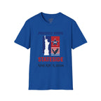 Blue T-shirt featuring Proudly Born Stateside USA 250 Anniversary front graphic by Printify.