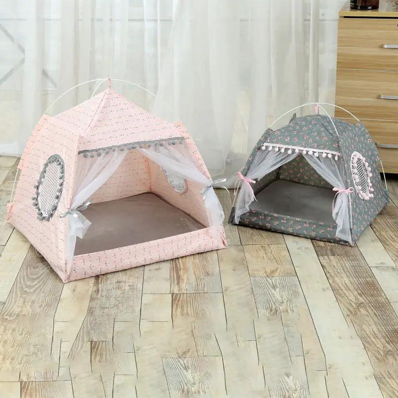 Comfy Calming Pet Tent Bed for small dogs and cats, pink and gray floral dome tents with sheer curtains (2-pack)