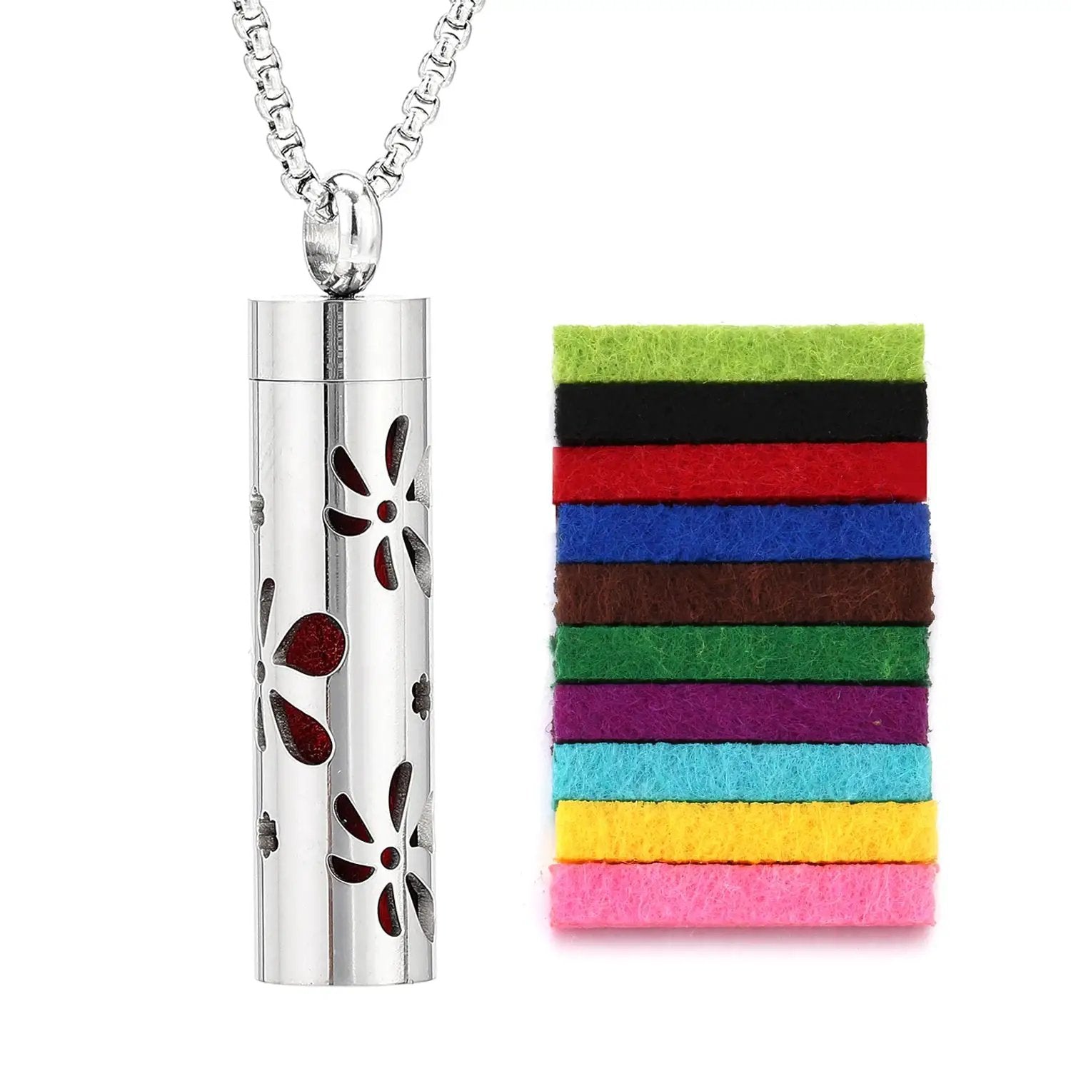 Scent Necklace by ViralGalleria.com; silver diffuser pendant with floral cutouts and colorful felt pads stacked