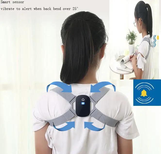 Smart posture corrector belt by VIP Digital Presence with gray shoulder straps and central control unit.