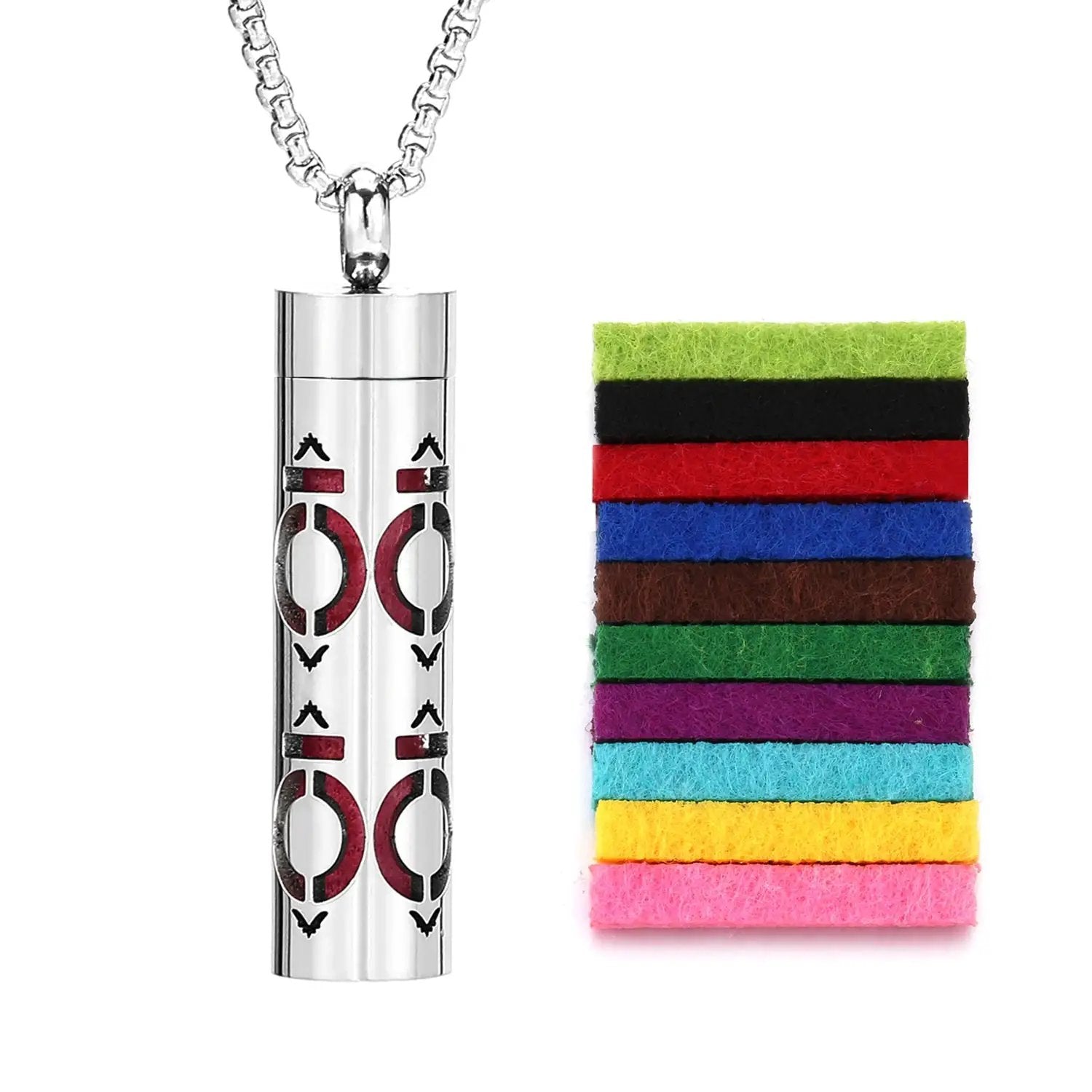 Scent Necklace by ViralGalleria.com: silver-toned cylindrical pendant on a chain beside a stack of colorful felt pads.