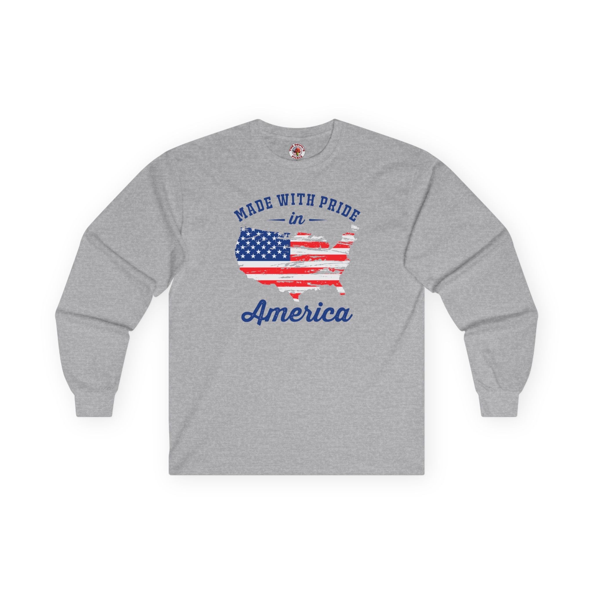 Made With Pride In America Long Sleeve Tee Unisex Patriotic US Flag Inspired Graphic Shirt For Men Women by The Devil's Pickle