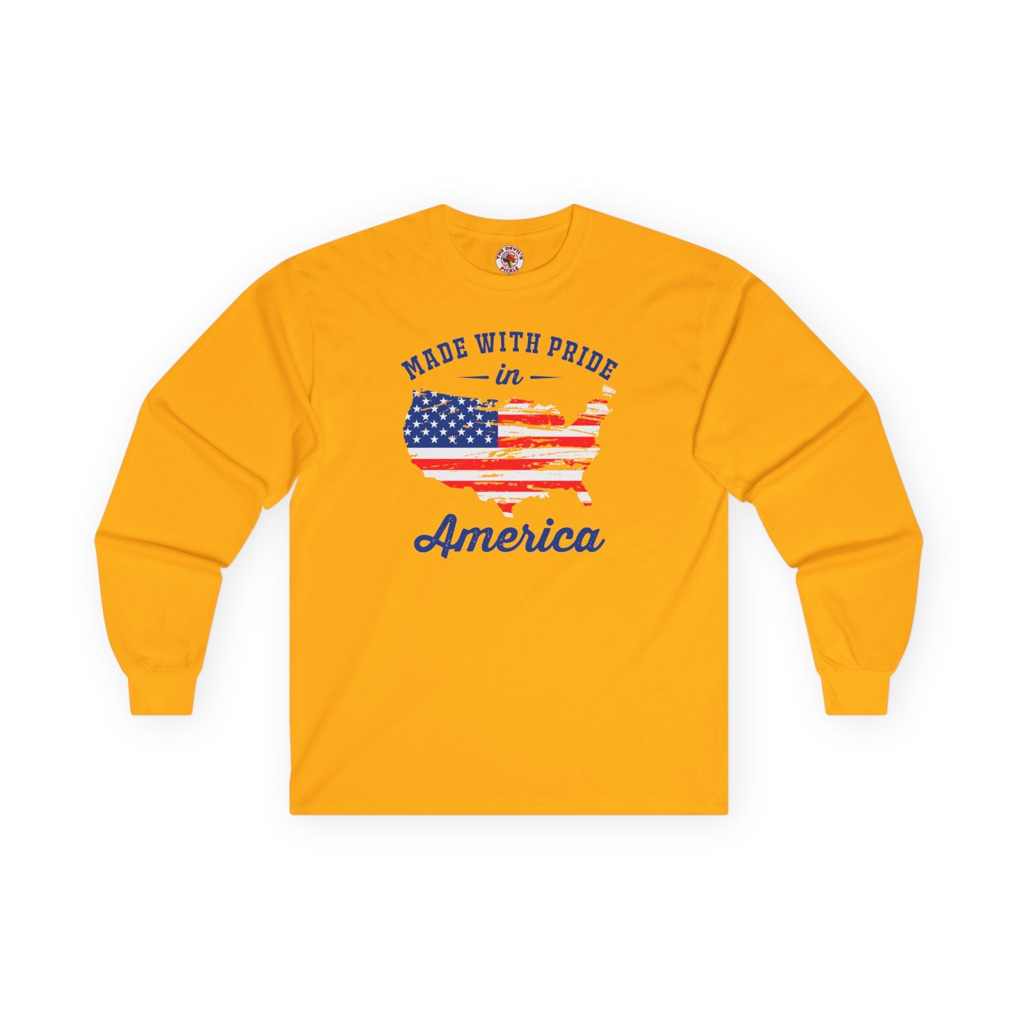 Made With Pride In America Long Sleeve Tee Unisex Patriotic US Flag Inspired Graphic Shirt For Men Women by The Devil's Pickle