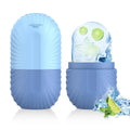 Blue silicone ice facial roller and ice cube mold set; reusable, helps shrink pores and reduce puffiness.