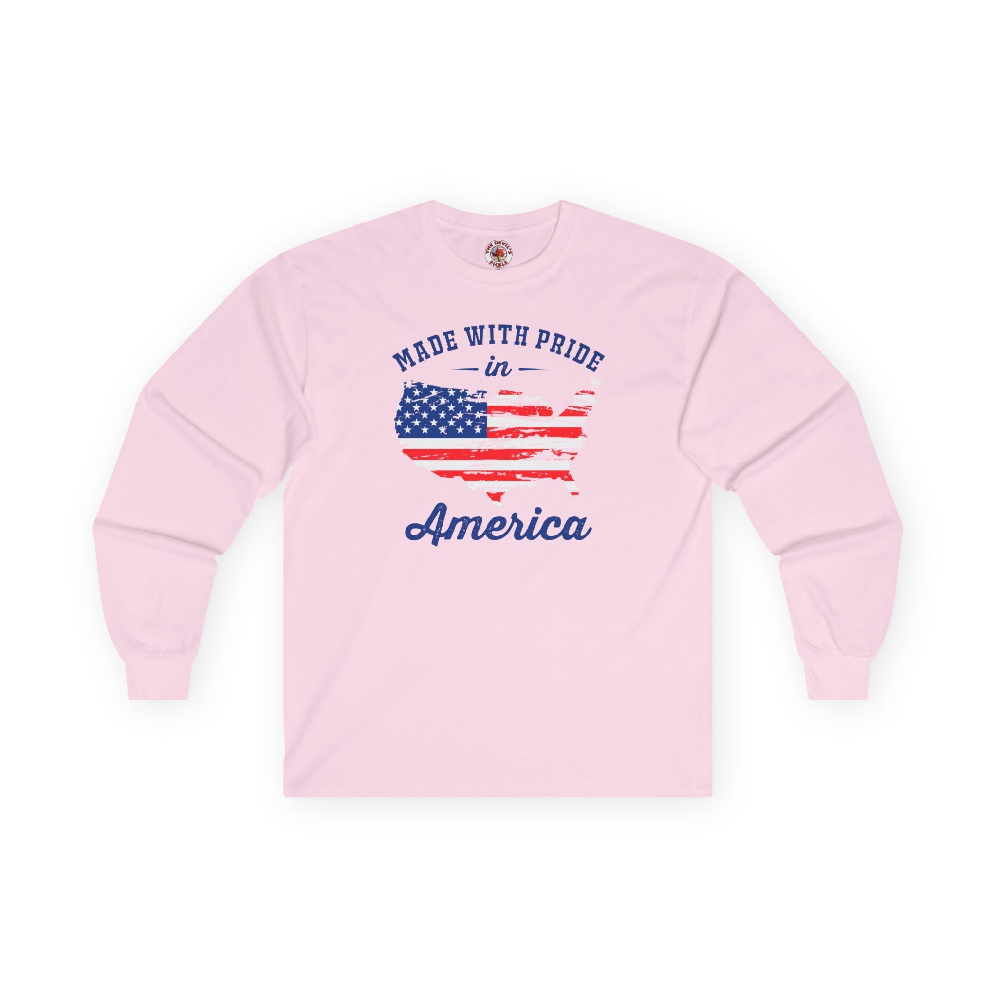 Made With Pride In America Long Sleeve Tee Unisex Patriotic US Flag Inspired Graphic Shirt For Men Women by The Devil's Pickle