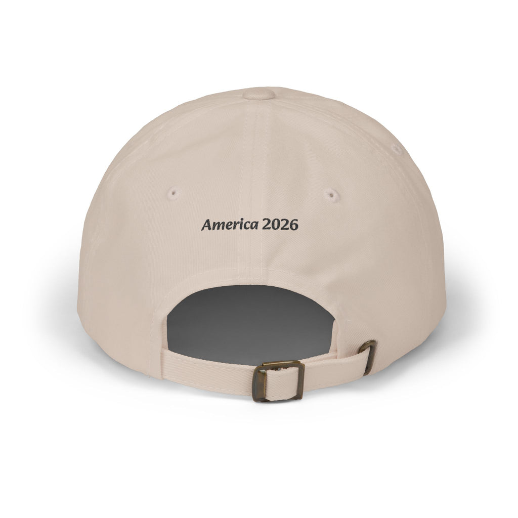 Proudly Born Stateside Dad Cap with beige fabric and back strap, front reads America 2026.