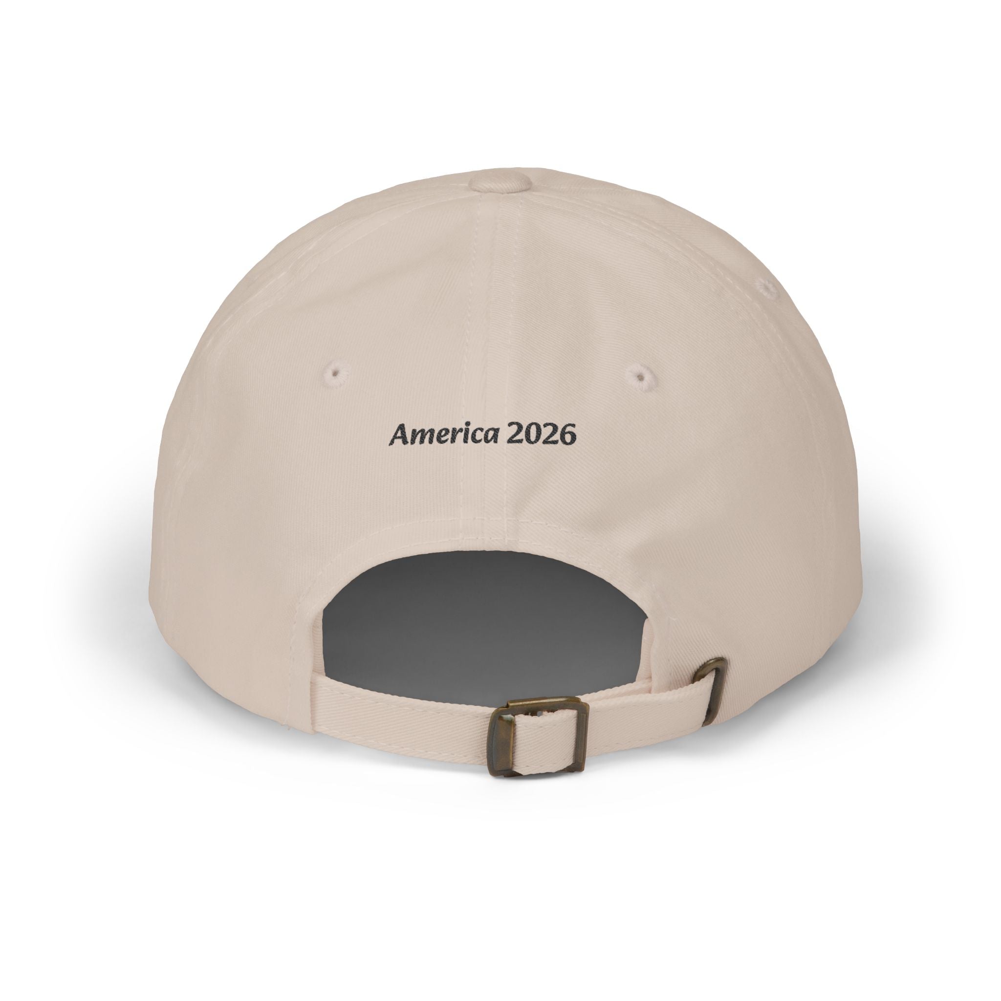Proudly Born Stateside Dad Cap with beige fabric and back strap, front reads America 2026.